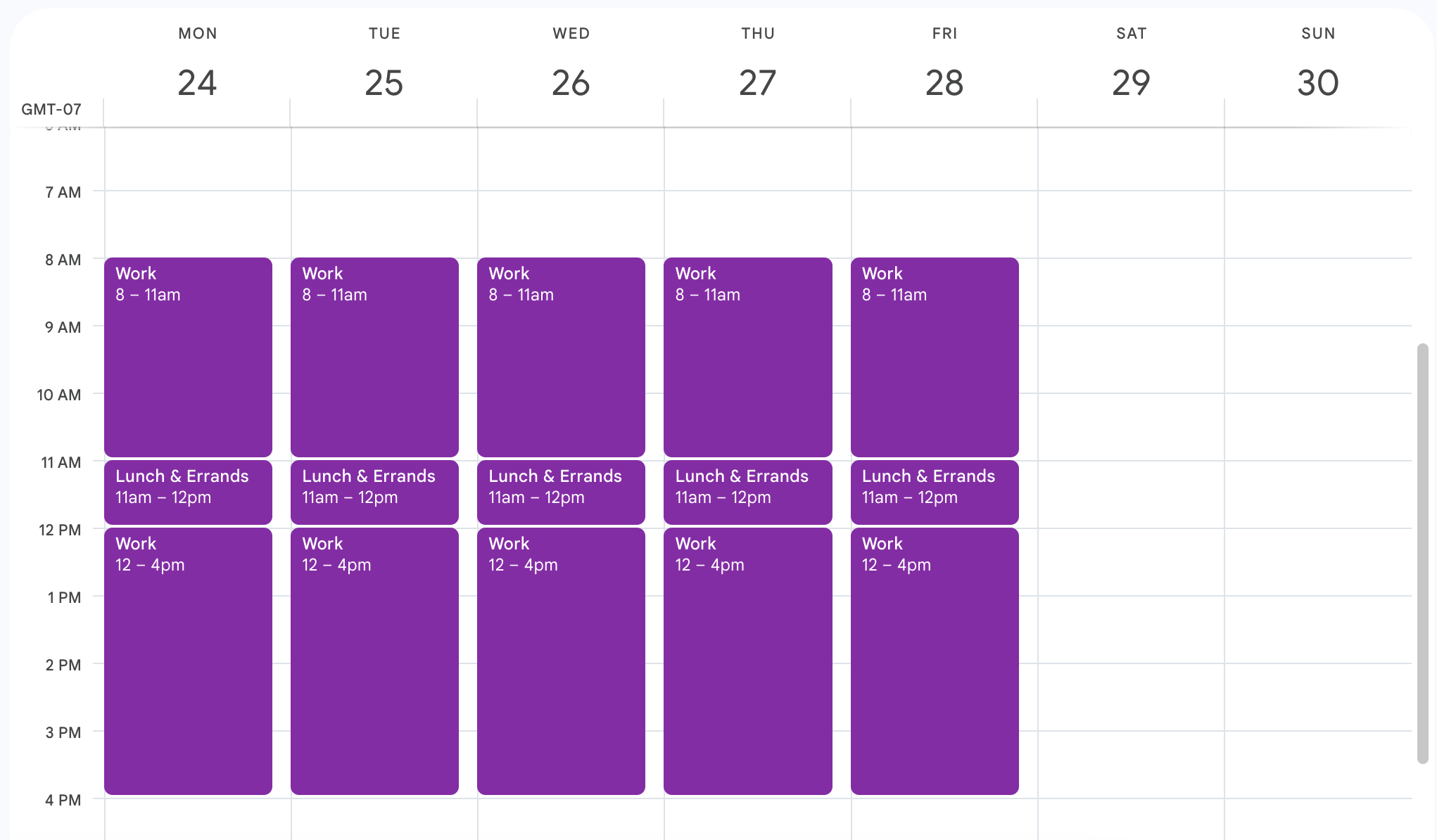 Calendar showing base obligations