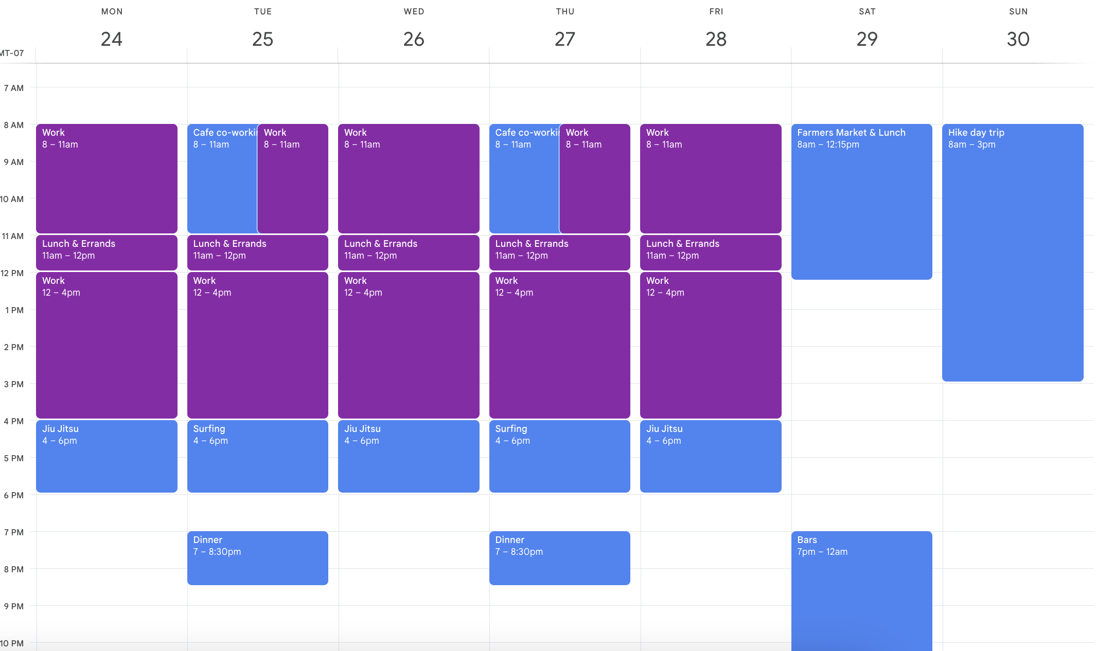 Calendar showing filled schedule
