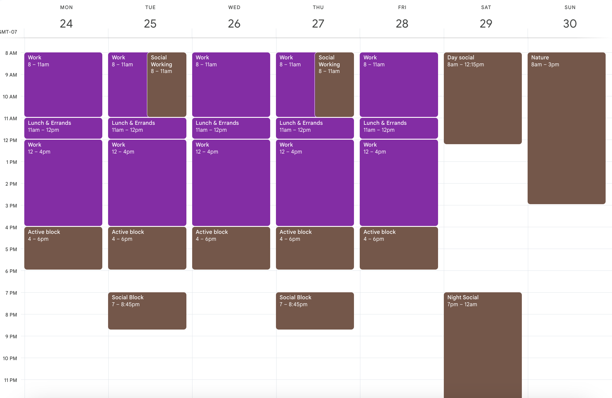 Calendar showing themed timeblocks
